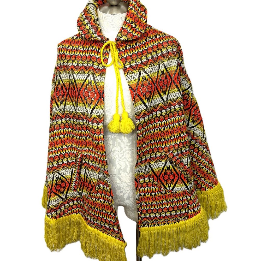 70’s Bright Orange Gold Metallic Hippie Boho Poncho Handcrafted Vtg Collectible - Picture 11 of 11